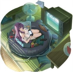 Rule 34 | 1girl, artist request, azur lane, bikini, black bikini, breasts, can, chips (food), cleavage, controller, dress, eating, food, from above, fruit, handheld game console, highres, holding, huge breasts, indoors, mouth hold, murasaki (senran kagura), murasaki (the shut-in princess&#039;s lament) (senran kagura), nintendo switch, official alternate costume, official art, potato chips, purple hair, remote control, see-through, see-through dress, senran kagura, swimsuit, television, transparent background, water, watermelon, watermelon slice