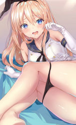 Rule 34 | 10s, 1girl, aimee (emi), bad id, bad pixiv id, bare shoulders, bed sheet, black panties, blonde hair, breasts, crop top, detached sleeves, elbow gloves, from behind, gloves, grey eyes, hair between eyes, hairband, highleg, highleg panties, highres, kantai collection, unworn legwear, long hair, looking at viewer, lying, md5 mismatch, on side, open mouth, out-of-frame censoring, out of frame, outside border, panties, panty pull, resolution mismatch, school uniform, serafuku, sheet grab, shimakaze (kancolle), small breasts, solo, suggestive fluid, thighs, underwear, white gloves