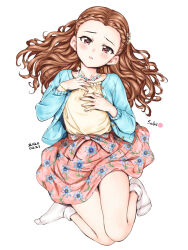 Rule 34 | 1girl, blue cardigan, blush, braid, braided bangs, brown hair, cardigan, floral print, forehead, full body, hair ornament, hamao, idolmaster, idolmaster cinderella girls, jewelry, long hair, long sleeves, looking at viewer, necklace, no shoes, open cardigan, open clothes, parted lips, pink eyes, pink skirt, seki hiromi, simple background, skirt, socks, solo, wavy hair, white background, white socks