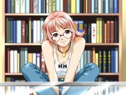 Rule 34 | 1girl, book, bookshelf, denim, game cg, glasses, jeans, katekyo ~akaruku tanoshiku koku ecchi~, long hair, mibu natsuki, pants, pink hair, red eyes, solo
