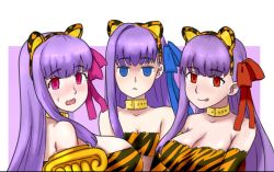 Rule 34 | 3girls, :p, animal ears, animal print, bandeau, bare shoulders, bb (fate), belt collar, blue bow, blue eyes, blush, bow, breasts, chinese zodiac, cleavage, collar, fate/extra, fate/extra ccc, fate/grand order, fate (series), huge breasts, large breasts, long hair, magenta eyes, mechanical arms, meltryllis (fate), multiple girls, open mouth, passionlip (fate), pink bow, purple background, purple hair, raskasar, red bow, red eyes, small breasts, sweatdrop, tiger ears, tiger print, tongue, tongue out, very long hair, wavy mouth, year of the tiger