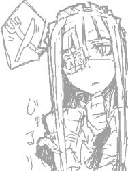 Rule 34 | 1girl, eyepatch, fork, greyscale, hand on own chin, hungry, ifuji shinsen, knife, long hair, lowres, maid headdress, monochrome, oekaki, original, simple background, sketch, solo, stroking own chin, thought bubble, white background