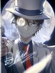Rule 34 | 1boy, absurdres, blue eyes, blue shirt, cape, character name, closed mouth, collared shirt, commentary request, feathers, full moon, gun, hair between eyes, handgun, hat, highres, holding, jacket, kaitou kid, long sleeves, looking at viewer, magic kaito, male focus, michelan, monocle, moon, necktie, night, red necktie, revolver, shirt, short hair, smile, solo, top hat, upper body, weapon, white cape, white hat, white jacket