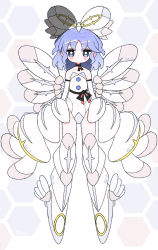 Rule 34 | 1girl, aqua eyes, black choker, blue hair, blush stickers, bow, choker, closed mouth, collarbone, covered navel, dotaku (wran8845), dress, elbow gloves, flat chest, gloves, hair bow, hexagon, jitome, looking at viewer, mai (touhou), mecha musume, mechanical legs, mechanical wings, mechanization, solo, standing, strapless, strapless dress, thighs, touhou, touhou (pc-98), white background, white dress, wings