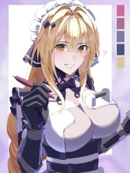 Rule 34 | 1girl, ?, bianca (punishing: gray raven), black bow, black bowtie, blonde hair, bow, bowtie, breasts, hair between eyes, highres, holding, holding pen, large breasts, long hair, maid headdress, mechanical arms, mechanical parts, parted lips, pen, punishing: gray raven, solo, toi pngr, very long hair