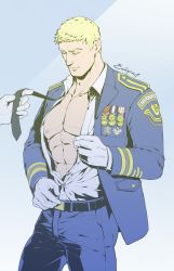 Rule 34 | 2boys, abs, absurdres, bara, bare pectorals, belt, blonde hair, blue jacket, blue pants, buttons, closed mouth, evinist, closed eyes, gloves, highres, jacket, large pectorals, male focus, multiple boys, muscular, muscular male, necktie, nipples, open clothes, open jacket, overwatch, overwatch 1, pants, partially unbuttoned, pectorals, shirt, short hair, smile, soldier: 76 (overwatch), solo focus, undone necktie, white gloves, white shirt
