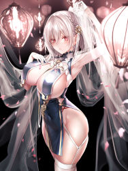 Rule 34 | 1girl, absurdres, armpits, azur lane, between breasts, braid, breast curtains, breasts, cleavage, dress, garter straps, gloves, hair between eyes, hand on own chest, highres, large breasts, looking at viewer, necktie, necktie between breasts, pottsness, red eyes, revealing clothes, short hair, sideboob, silver hair, sirius (azur lane), sirius (azure horizons) (azur lane), solo, thighhighs, white gloves, white thighhighs