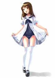 Rule 34 | 1girl, ahoge, brown eyes, brown hair, dress, full body, katahira masashi, long hair, mary janes, old school swimsuit, one-piece swimsuit, original, sailor dress, school swimsuit, school uniform, shoes, solo, swimsuit, swimsuit under clothes, thighhighs