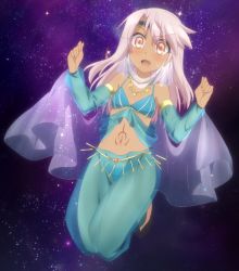 Rule 34 | 1girl, breasts, chloe von einzbern, dancer, dark skin, dark-skinned female, fate/kaleid liner prisma illya, fate (series), female focus, harem outfit, harem pants, highres, jewelry, long hair, navel, necklace, open mouth, pants, see-through, small breasts, solo, tagme, tiara