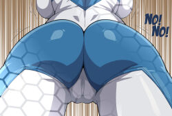 1girl animification ass ass_focus back backboob belt blue_bodysuit bodysuit breasts commentary curvy english_commentary english_text fantastic_four foreshortening from_behind huge_ass large_breasts legs_apart logo lower_body marvel marvel_rivals mature_female motion_lines skin_tight sue_storm thick_thighs thighs two-tone_bodysuit wavy_hair white_bodysuit yatagarasupen