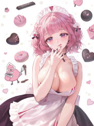 Rule 34 | 1girl, :q, absurdres, apron, artist name, black dress, black ribbon, blush, breasts, candy, chocolate, chocolate heart, commentary, doughnut, dress, food, frilled apron, frilled hairband, frills, hairband, hand on own chin, heart, highres, large breasts, looking at viewer, neck ribbon, original, pink eyes, pink hair, pink nails, ribbon, rwael, short hair, solo, sprinkles, symbol-only commentary, tongue, tongue out, upper body, white apron, white hairband