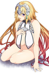 Rule 34 | 1girl, 846-gou, blonde hair, blush, bottomless, breast curtains, breasts, brown hair, chain, cleavage, covered erect nipples, fate/apocrypha, fate (series), gradient hair, hair between eyes, hand on own chest, headpiece, highres, huge breasts, jeanne d&#039;arc (fate), jeanne d&#039;arc (ruler) (fate), jeanne d&#039;arc (third ascension) (fate), large breasts, long hair, multicolored hair, parted lips, purple eyes, revealing clothes, simple background, sitting, smile, solo, thighs, very long hair, white background, yokozuwari