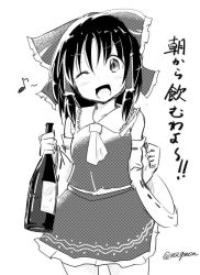 Rule 34 | 1girl, ascot, blush stickers, bottle, detached sleeves, greyscale, hair ribbon, hair tubes, hakurei reimu, holding, holding bottle, looking at viewer, monochrome, musical note, one eye closed, open mouth, ribbon, skirt, spoken musical note, taurine 8000mg, touhou, translated, twitter username, wide sleeves