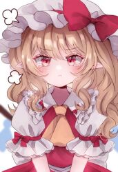 Rule 34 | 1girl, ascot, blonde hair, blush, bow, crystal, flandre scarlet, hat, hat ribbon, jaku sono, looking at viewer, medium hair, mob cap, puffy short sleeves, puffy sleeves, red eyes, red skirt, red vest, ribbon, short sleeves, side ponytail, skirt, solo, tears, touhou, vest, white hat, wings, yellow ascot