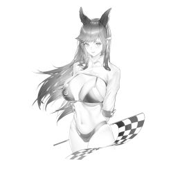 Rule 34 | 1girl, animal ears, arms behind back, atago (azur lane), atago (stunning speedster) (azur lane), azur lane, bikini, bikini under clothes, breasts, checkered clothes, checkered flag, collared shirt, crop top, cropped legs, dress shirt, extra ears, flag, greyscale, highres, large breasts, long hair, looking at viewer, mole, mole under eye, monochrome, najiu jiao xiaolan ba, navel, official alternate costume, race queen, shirt, simple background, skindentation, sleeve cuffs, sleeves past elbows, smile, solo, swimsuit, underboob
