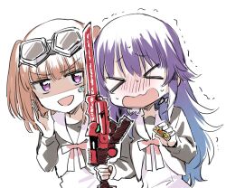 Rule 34 | &gt; &lt;, 2girls, :d, blue hair, blush, brown hair, closed eyes, dress, goggles, goggles on head, gradient hair, grey jacket, highres, holding, holding sword, holding weapon, hoshikuzu telepath, jacket, konohoshi umika, long hair, looking at viewer, multicolored hair, multiple girls, nose blush, open mouth, purple eyes, purple hair, raimon matataki, school uniform, shaded face, simple background, smile, somechime (sometime1209), sweat, sword, trembling, two side up, v-shaped eyebrows, very long hair, wavy mouth, weapon, white background, white dress
