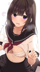 Rule 34 | 1girl, black hair, black legwear, black sailor collar, black skirt, blush, bow, bow bra, bra, breasts, childhood friend-chan (ramchi), cleavage, clothes lift, commentary request, embarrassed, flying sweatdrops, gradient background, hair ornament, hairclip, highres, medium hair, open mouth, original, pleated skirt, purple eyes, ramchi, red neckwear, sailor collar, school uniform, serafuku, shirt, shirt lift, short sleeves, simple background, skirt, small breasts, solo, standing, standing on one leg, underwear, uniform, wavy mouth, white background, white bra, white shirt