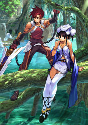 Rule 34 | 1boy, 1girl, anklet, arm support, atelier (series), atelier iris, atelier iris grand phantasm, bare shoulders, belt, black eyes, black gloves, black hair, blue eyes, blunt bangs, blush, boots, bracelet, breasts, chain, cleavage, edge vanhite, elbow gloves, fantasy, fighting stance, flower, footwear ribbon, forest, full body, futaba jun, gloves, hair between eyes, hat, huge weapon, in tree, iris fortner, jewelry, knee boots, leaf, light rays, looking away, midriff, miniskirt, nature, navel, necklace, official art, ouse kohime, outdoors, pants, parted bangs, pendant, plant, red eyes, red hair, ruins, scan, shawl, shoes, short hair, short twintails, sidelocks, sitting, sitting in tree, skirt, smile, spiked hair, spread legs, standing, strap, sunbeam, sunlight, sword, thighhighs, tree, turtleneck, twintails, vines, water, weapon, white thighhighs, zettai ryouiki