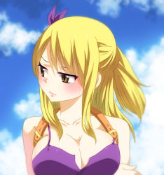 Rule 34 | 1girl, backpack, blonde hair, blush, breasts, brown eyes, cloud, fairy tail, gaston18, large breasts, long hair, looking away, lucy heartfilia, no bra, ponytail, sky, solo, tank top