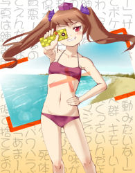 Rule 34 | 1girl, bad id, bad pixiv id, beach, bikini, brown hair, cellphone, female focus, flat chest, hand on own hip, hat, himekaidou hatate, hip focus, outdoors, phone, red eyes, short hair, sky, solo, swimsuit, tokin hat, tottema, touhou, twintails