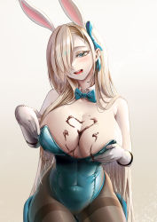 Rule 34 | 1girl, :d, absurdres, animal ears, aqua bow, aqua bowtie, aqua leotard, asuna (blue archive), asuna (bunny) (blue archive), blonde hair, blue archive, blue eyes, blush, bow, bowtie, breasts, chocolate, chocolate on body, chocolate on breasts, chocolate syrup, cleavage, covered navel, detached collar, elbow gloves, fake animal ears, food on body, food on breasts, gloves, hair over one eye, hair ribbon, hallo (rltkdydrltk), highres, large breasts, leotard, looking at viewer, mole, mole on breast, open mouth, pantyhose, playboy bunny, rabbit ears, ribbon, sitting, smile, solo, traditional bowtie, white gloves