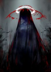 Rule 34 | 1girl, black hair, blood, blood in hair, blue skin, collarbone, colored skin, faceless, faceless female, grey background, halo, jaco, long hair, nude, original, shaded face, solo, standing, very long hair