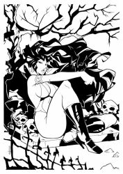 Rule 34 | 1girl, armlet, bare tree, black hair, boots, breasts, commentary, earrings, fence, glaucosilvaart, greyscale, high heel boots, high heels, jewelry, knee boots, knee up, long hair, looking at viewer, medium breasts, monochrome, outdoors, sitting, skull, solo, tree, vampirella, vampirella (character)