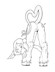 Rule 34 | !, 1girl, animal ears, anus, artist request, ass, bandages, bent over, character request, faun, from behind, full body, furry, furry female, greyscale, hooves, lineart, looking back, monochrome, presenting, pussy, satyr, satyress, solo, tail, top-down bottom-up, uncensored