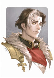 Rule 34 | 1boy, brown collar, brown hair, chinese commentary, collar, commentary request, cropped torso, emet-selch, final fantasy, final fantasy xiv, from side, fur trim, garlean, grey background, highres, looking at viewer, male focus, multicolored hair, portrait, realistic, short hair, signature, smile, solo, square enix, streaked hair, third eye, two-tone hair, yellow eyes, yufy