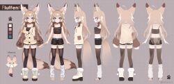 1girl ahoge animal_ear_fluff animal_ears animal_feet belt black_camisole black_shorts black_thighhighs blue_eyes boots brown_coat brown_hair camisole character_name character_sheet choker coat fluffen_(vtuber) fox_ears fox_girl fox_tail full_body highres indie_virtual_youtuber kithera long_hair midriff multiple_views navel off_shoulder shorts simple_background smile socks socks_over_thighhighs strap_slip tail thighhighs turnaround virtual_youtuber white_footwear white_socks