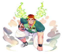 Rule 34 | 1boy, american football, american football (object), american football uniform, animal ears, ball, bara, brown eyes, brown hair, bulge, cow boy, cow ears, cow horns, facial hair, fiery horns, forked eyebrows, full body, glowing horns, goatee, green shirt, highres, holding, holding ball, horns, looking at viewer, male focus, muscular, muscular male, on one knee, pectorals, shirt, short hair, short sleeves, shorts, smile, solo, spiked hair, sportswear, thick eyebrows, thick thighs, thighs, tight shirt, tokyo houkago summoners, wakan tanka, white shorts, winemvee