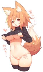Rule 34 | 1girl, animal ear fluff, animal ears, black thighhighs, blush, breasts, cleavage, clothes lift, cropped legs, female focus, hair between eyes, highres, large breasts, lifting own clothes, mamuru, navel, no pants, orange hair, orange panties, original, panties, red eyes, ribbed sweater, side-tie panties, simple background, solo, striped clothes, striped panties, sweat, sweater, sweater lift, tail, thighhighs, turtleneck, underboob, underwear, white background
