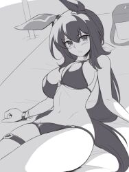 Rule 34 | 1girl, admire vega (umamusume), animal ears, bikini, braid, breasts, cleavage, cowboy shot, ear covers, greyscale, horse ears, horse girl, horse tail, large breasts, long hair, looking at viewer, monochrome, o-ring, o-ring top, pataneet, single ear cover, solo, swimsuit, tail, thigh strap, umamusume