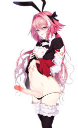 Rule 34 | 1boy, aka syakkou, animal ears, astolfo (fate), astolfo (saber) (fate), black panties, black thighhighs, censored, detached sleeves, erection, fate/apocrypha, fate/grand order, fate (series), frilled thighhighs, frills, hair intakes, hair ribbon, highres, large penis, long hair, male focus, mosaic censoring, multicolored hair, navel, panties, penis, pink hair, rabbit ears, ribbon, simple background, solo, streaked hair, testicles, thighhighs, tongue, tongue out, trap, underwear, very long hair, white background