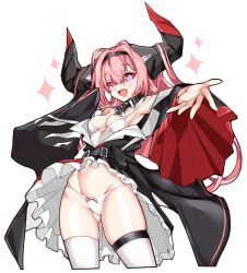 Rule 34 | 1girl, absurdres, antenna hair, armpits, azur lane, belt, bow, bow panties, camisole, cowboy shot, cross, detached collar, fang, frilled skirt, frills, godgamesc2, hair on horn, hairband, hand up, high-low skirt, highres, horns, huge horns, iron cross, long horns, long sleeves, outstretched arms, panties, pink hair, prinz rupprecht (azur lane), skirt, sleeves past fingers, sleeves past wrists, spaghetti strap, sparkle, standing, strap slip, thigh belt, thigh strap, thighhighs, underwear, white background, white panties, white thighhighs