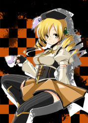 Rule 34 | 10s, 1girl, beret, blonde hair, boots, breasts, checkered background, corset, cup, detached sleeves, drill hair, fingerless gloves, gloves, hair ornament, hat, kasu kazu, magical girl, mahou shoujo madoka magica, mahou shoujo madoka magica (anime), pleated skirt, puffy sleeves, ribbon, skirt, smile, solo, teacup, thighhighs, tomoe mami, twin drills, twintails, yellow eyes