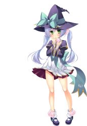 Rule 34 | 1girl, :&lt;, blue hair, blush, dress, full body, green eyes, hat, highres, houtou, jacket, katagiri hinata, koihime musou, long hair, mary janes, official art, shoes, socks, solo, transparent background, twintails, witch hat
