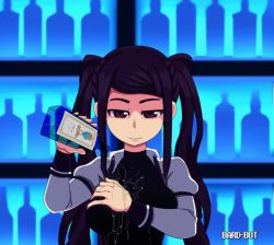 Rule 34 | 1girl, alcohol, alternate breast size, animated, animated gif, bar (place), black hair, bottle, breasts, brown eyes, commentary request, holding, holding bottle, jill stingray, long hair, looking at viewer, lowres, medium breasts, pouring, pouring onto self, shelf, signature, smile, solo, spicy bardo, twintails, upper body, va-11 hall-a