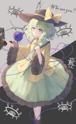 1girl absurdres black_hat boots bow bright_pupils buttons closed_mouth collared_shirt commentary_request corded_phone diamond_button english_text eyeball frilled_shirt_collar frilled_skirt frilled_sleeves frills green_eyes green_hair green_skirt hat hat_bow highres holding holding_knife holding_phone knife komeiji_koishi long_sleeves looking_at_viewer phone reverse_grip shirt skirt smile solo third_eye touhou white_pupils wide_sleeves yellow_bow yellow_shirt yuuneka