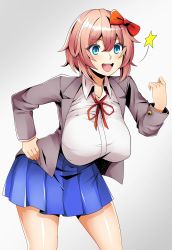 Rule 34 | 1girl, absurdres, alternate breast size, artist request, blue eyes, blue skirt, bow, breasts, collared shirt, doki doki literature club, eyes visible through hair, hair between eyes, hair bow, hand on own hip, highres, jacket, large breasts, leaning forward, open mouth, pleated skirt, sayori (doki doki literature club), school uniform, shirt, short hair, simple background, skirt, solo, star (symbol), thick thighs, thighs, white shirt
