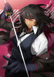 Rule 34 | 1boy, bad id, bad pixiv id, black hair, formal, gaius (tales), gloves, highres, male focus, manly, necktie, pink background, pink eyes, serious, shiramine (srmn09), solo, suit, sword, tales of (series), tales of xillia, tales of xillia 2, weapon