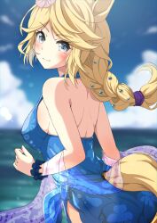 Rule 34 | #summer #besties (umamusume), 1girl, animal ears, backless dress, backless outfit, bare back, bare legs, bare shoulders, blonde hair, blue dress, blue eyes, blue sky, blush, braid, breasts, cloud, cocktail glass, commentary request, cup, day, dress, drinking glass, gamyuu (gamyu), gold city (gentle moon) (umamusume), gold city (umamusume), horse ears, horse girl, long hair, looking at viewer, medium breasts, sky, sleeveless, sleeveless dress, smile, solo, tail, umamusume, upper body