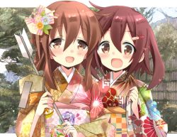 Rule 34 | 2girls, alternate costume, arrow (projectile), brown eyes, brown hair, commentary request, fang, folded ponytail, hamaya, hizuki yayoi, ikazuchi (kancolle), inazuma (kancolle), japanese clothes, kantai collection, kimono, long hair, looking at viewer, multiple girls, new year, open mouth, print kimono, short hair, smile