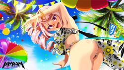 Rule 34 | 1girl, artist request, ass, beach, breasts, dark skin, drill hair, highres, large breasts, long hair, magicami, official art, pink hair, swimsuit, wallpaper, yarimizu lilly
