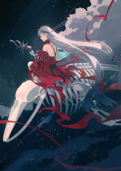 Rule 34 | 1girl, absurdly long hair, absurdres, animal skeleton, aqua gloves, arknights, back, back bow, black bow, bow, closed eyes, cloud, dress, flying whale, from behind, gloves, grey hair, hair ornament, highres, holding, holding staff, long hair, lubusi, night, night sky, no headwear, off shoulder, official alternate costume, outdoors, profile, red dress, red ribbon, ribbon, sitting on animal, skadi (arknights), skadi the corrupting heart (arknights), sky, solo, staff, star (sky), starry sky, very long hair, whale