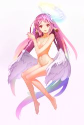 Rule 34 | 10s, 1girl, angel, angel wings, animal ears, barefoot, breasts, canzhajiang, spiked halo, feathered wings, halo, highres, jibril (no game no life), long hair, looking at viewer, low wings, magic circle, navel, no game no life, nude, orange eyes, pink hair, small breasts, smile, solo, white wings, wings