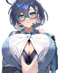 Rule 34 | 1girl, black hair, blue archive, blush, bra, breasts, button gap, buttons, chihiro (blue archive), cleavage, closed mouth, glasses, hair ornament, hairclip, halo, huge breasts, jacket, long hair, looking at viewer, necktie, open clothes, open jacket, open shirt, paizuri invitation, purple eyes, school uniform, shirt, short hair, silver hair, simple background, solo, sweat, unbuttoned, unbuttoned shirt, underwear, ushimittsu, white shirt