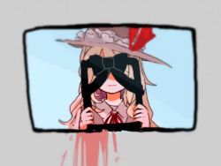 Rule 34 | 1girl, bad id, bad twitter id, blonde hair, bow, covered eyes, dolls in pseudo paradise, framed, hat, hat ribbon, holding, iei, jacket girl (dipp), long hair, mikimiki2b, ribbon, solo, touhou