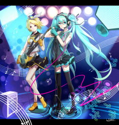 Rule 34 | 2girls, amplifier, aqua eyes, aqua hair, bad id, bad pixiv id, boots, gloves, guitar, hair ribbon, hatsune miku, headphones, headset, instrument, kagamine rin, letterboxed, lightofheaven, long hair, microphone, microphone stand, midriff, multiple girls, musical note, navel, necktie, ribbon, skirt, thigh boots, thighhighs, twintails, very long hair, vocaloid