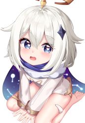 Rule 34 | 1girl, barefoot, blue eyes, blue scarf, bodysuit, from above, genshin impact, hair ornament, hairclip, halo, heart, heart-shaped pupils, highres, looking at viewer, looking up, mannack, open mouth, paimon (genshin impact), scarf, short hair, silver hair, simple background, sitting, solo, symbol-shaped pupils, thighs, toes, white background, white bodysuit